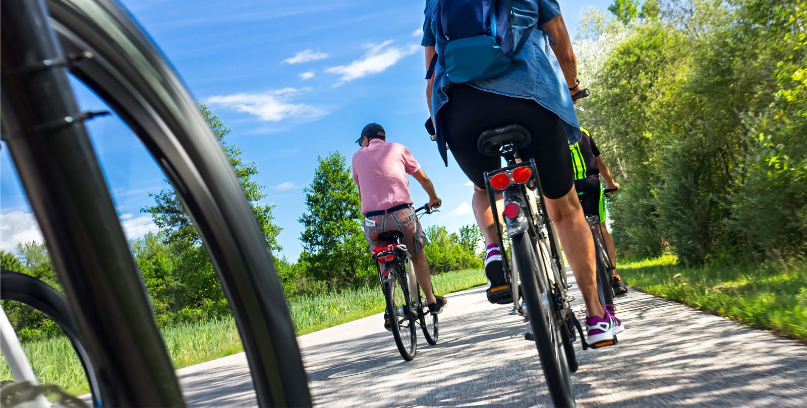 Eine Gruppe Radfahrer auf einem sonnigen Radweg