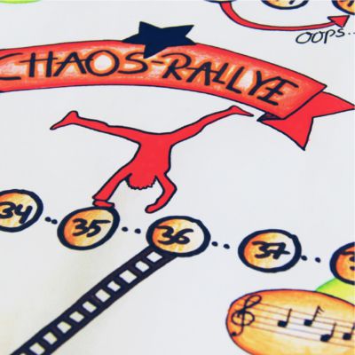Team-Event Chaos-Rallye Grafik mit einem Stationsplan ähnlich dem Leiterbrettspiel