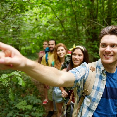 Team-Event Wandern und Action Eine junge Wandergruppe bewegt sich auf einem schmalen Waldpfad