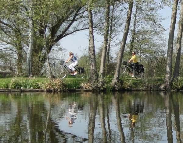 Aufnahme vom Wasser aus zum Ufert. Ein Mann und eine Frau radeln am Ufer des Steinhuder Meeres