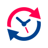 Icon einer Uhr mit einem roten und blauen umlaufenden Pfeil